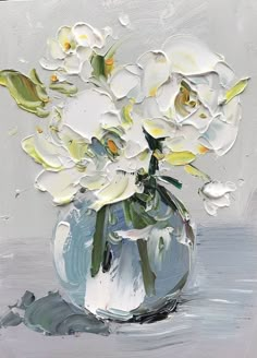 a painting of white flowers in a vase on a gray surface with water droplets around it