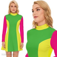 Step into the vibrant world of retro fashion with our Neon Dress, a perfect embodiment of 60s Dress Style and Mod Dress aesthetics. This Pink Green Mod Dress is a timeless piece that pays homage to the iconic GOGO Dress style of the 60s. With a neon green, neon pink, and neon yellow color block pattern, this dress captures the essence of the era's bold and playful fashion. Crafted from high-quality 100% polyester and featuring a luxurious Velour material, it ensures both comfort and durability, Retro Stretch Mini Dress, Retro Fitted Mini Dress, Retro Fitted Color Block Dress, Fitted Retro Mini Dress, Fitted Color Block Mini Dress For Spring, Fitted Knee-length Retro Mini Dress, Retro Green Mini Dress For Party, Retro Fitted Green Mini Dress, Retro Green Mini Dress