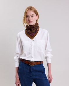 Women's cotton twill shirt with long sleeves and simple cuffs. Visible snap button placket. Two patch pockets. Corduroy Collar Cotton Shirt For Workwear, Cotton Shirt With Corduroy Collar For Work, Classic Fall Shirt With Corduroy Collar, Fall Cotton Dress Shirt With Fold Down Collar, Woman Shirt, Twill Shirt, Style Chic, Mens Trousers, Button Placket