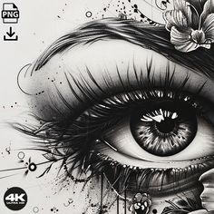 a drawing of an eye with flowers and butterflies on the iris's eyelashes, as if it were painted in black and white