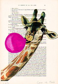 a giraffe holding a pink balloon in its mouth on an old book page