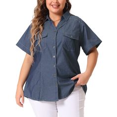 Denim button-up shirts women are featured in a classic style, short sleeve women's tops with a relaxed fit to add the perfect to any laidback look. Denim chambray button-down shirts for women featuring a basic collar, button closures in front, chest flap pockets, and spring and fall clothes with short sleeves that can be dropped down or rolled up. This shirt is suitable for office, daily wear, and dating. Collared Denim Blue Blouse With Pockets, Denim Blue Shirt With Button Closure For Work, Collared Denim Blue Blouse With Button Closure, Denim Blue Collared Blouse With Button Closure, Denim Blue Button-up Blouse For Work, Denim Blue Button Closure Blouse For Work, Denim Blue Blouse With Button Closure For Work, Denim Blue Workwear Blouse With Button Closure, Western Denim Shirt