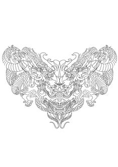 the dragon head is drawn in black and white, with intricate designs on its chest