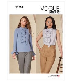 two women's tops and pants with ruffles on the front, one in blue