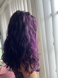 Purple On Brunette Hair, Hair Dye Ideas For Wavy Hair, Shoulder Length Colored Hair, Purple Dye On Brown Hair, Purple Hair On Brown Hair, Bluish Purple Hair, Dark Purple Hair Aesthetic, Grunge Purple Hair