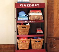 a book shelf with baskets and books on it