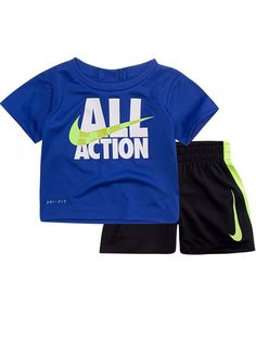 Nike Dri-fit Boys Outfit Blue All Action Shirt & Black Athletic Shorts Set This great looking "All action" Nike t-shirt & shorts set is sure to be a favorite! Boy's sizes 2 Piece Set 100% Polyester Payment We accept PayPal as our payment method. Immediate payment is required. If you have any questions about payment, please feel free to contact our customer support team. Return Policy We have a no hassle return policy If you are unhappy with your purchase, please contact us within 14 days of rece Nike Sporty Short Sleeve Sets, Nike Short Sleeve Sports Sets, Nike Sports Sets With Short Sleeve, Nike Sports Set With Short Sleeves, Blue Athleisure Sets For Spring, Nike Blue Cotton Activewear, Nike Blue Sportswear T-shirt, Black Short Sleeve Sportswear Set, Blue Moisture-wicking T-shirt For Spring