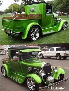 an old green truck parked on top of a grass covered field