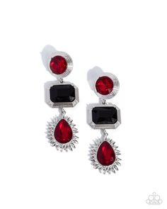 Featuring linear and sunburst-textured silver frames, a collection of round and teardrop red gems is interrupted by an emerald-cut black gem as each shape cascades and connects below the ear for an eye-catching lure. Earring attaches to a standard post fitting.   Sold as one pair of post earrings. Paparazzi Earrings, Red Gems, Orange Bracelet, Black Gems, Brown Bracelet, Brown Necklace, Red Bracelets, Silver Frames, Yellow Earrings