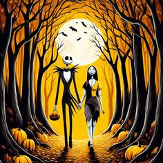 a painting of two people walking through a forest with pumpkins