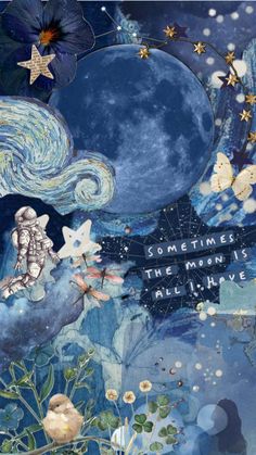 an altered collage with flowers, stars and a moon in the sky above it