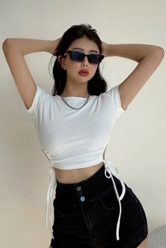 Item Type: Top Material: Polyester Collar: Round Neck Sleeve Length: Short Sleeve Color: Black, White Size: S,M Size(cm) Top Length Sleeve Length Bust Shoulder Width S 35 11 64 31 M 36 12 68 32 Trendy Crew Neck Top With Drawstring, White Drawstring Crew Neck Top, Casual Drawstring Crop Top, White Crew Neck Top With Drawstring, Fitted Short Sleeve Tops With Drawstring, Round Neck Top, Rhinestone Dress, Dress Satin, Top T Shirt