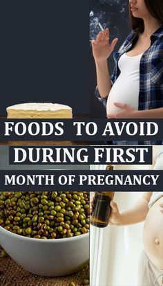 pregnant woman with food and drink in front of her belly, text reads foods to avoid during first month of pregnancy