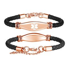 This medical alert bracelet features a 5mm braided leather rope and a classic stainless steel charm with a medical ID symbol. Not only is it a perfect piece of jewelry, but provides a sense of security with pre-engraved medical conditions. It's adjustable from 7-8.5 inches to fit most wrist sizes. The laser engraving ensures the information will never fade away, protecting info and privacy discreetly. For extra protection, a wallet card is included. It comes in a gift box ideal for gifting, thou Medical Bracelets, Medical Alert Bracelet, Medical Id Bracelets, Medical Jewelry, Medic Alert Bracelets, Medical Bracelet, Medical Alert, Gold Engraving, Id Bracelets