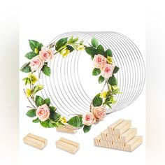 four pieces of cake next to each other with flowers and leaves around them on a white background