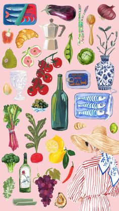 a painting of various fruits and vegetables on a pink background