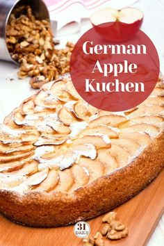 german apple kuchen on a wooden cutting board