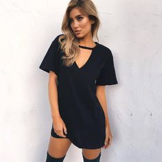 White V-neck Short Sleeves T-shirt Dresses, Black-S Bust-98cm/38.58 Ladies Long Top, Short Beach Dresses, Boho Beach Dress, Short Summer Dresses, Cotton Dress Summer, Mini Robes, Solid Color Dress, Long Summer Dresses, Vestido Casual