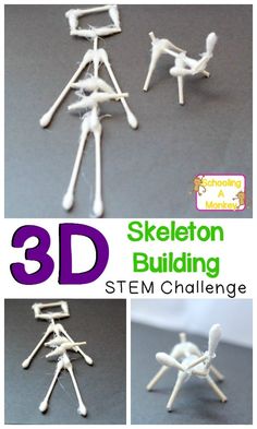 Combine science with Halloween with this simple STEM challenge to build 3D animal and human skeletons from cotton swabs! Halloween science is the best! Stem Crafts For Kids, Simple Stem Challenges, Stem Bins, Stem Classes, Stem Elementary