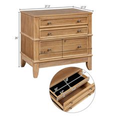 a wooden dresser with drawers and measurements for the top drawer, bottom drawer and bottom drawer