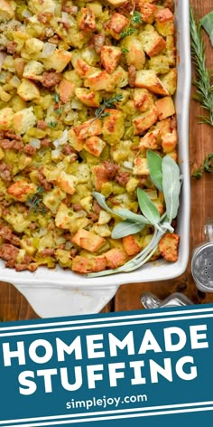 homemade stuffing in a casserole dish with herbs on top and text overlay