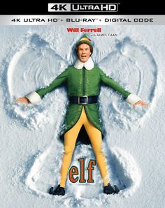 the elf movie poster with an image of a man in green and yellow outfit standing on snow