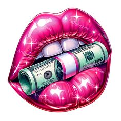 a pink lip with money sticking out of it