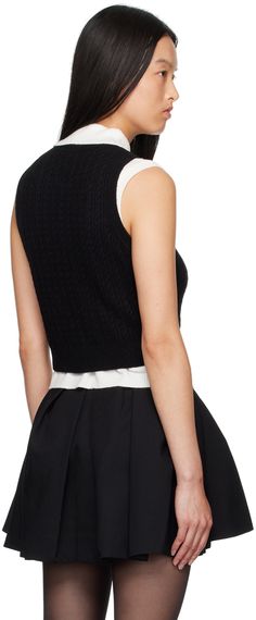 Cable knit wool-blend tank top. · Rib knit crewneck, hem, and armscyes · Ruffled lace trim with sequin detailing at front · Logo embroidered at hem Supplier color: Black Black Cashmere Top For Spring, Spring Black Cashmere Top, Fitted Crew Neck Sweater Vest For Layering, Chic Sleeveless Wool Top, Black Sleeveless Wool Top, Sleeveless Wool Tops For Layering, Wool Sweater Vest For Layering, Shushu Tong, Ruffle Tank Top