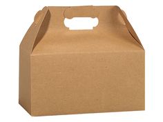 a brown paper box with a handle and no lid is shown on a white background