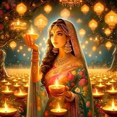 a beautiful woman holding a lit candle in her hand and surrounded by many candles on the ground