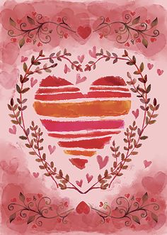 the heart is surrounded by leaves and hearts on pink watercolor paper with an ornate frame