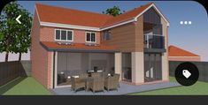 a 3d rendering of a house with patio furniture