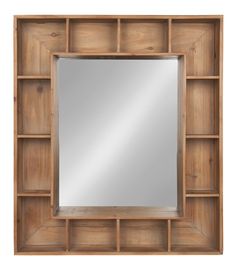 a wooden shelf with a mirror on top and shelves below it, in the shape of a rectangle