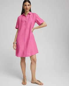 Style:  570368224  What's not to love about our Linen Popover Shirt Dress? This linen design features an easy seasonal fit accented with a lovely floral print. Pair it with sandals or heels for a summer look that matches your mood. Made from linen fabric. Classic fit, short sleeves, collared neck, concealed quarter placket, pullover, knee length, A-line. Regular length: 39". 100% linen. Machine wash. Imported. Linen Dresses For Women, Linen Design, Popover Shirt, Womens Designer Fashion, Summer Look, Linen Clothes, Linen Dresses, Dresses For Women, Summer Looks