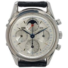 Black Collectible Watches With Subdials, Collectible Black Watch With Subdials, Timeless Collectible Watches With Tachymeter, Classic Chronograph Watch As Collectible, Classic Collectible Chronograph Watch, Collectible Silver Chronograph Watch, Vintage Silver Chronograph Watch With Round Dial, Vintage White Watch With Tachymeter, Timeless Automatic Watches For Collectors