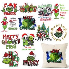 the grinnies christmas patches and pillows are all in different styles, sizes and colors