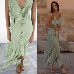 Size M Zara Strappy Ruffle Asymmetrical Midi Dress In Color Green Sea! New With Tags, Never Worn! Originally Retails $80. Side Zipper Laying Flat: 18" Armpit To Armpit 15.5" Bust 15" Waist 54" Shoulder To Hem Chic Spring Chiffon Ruffle Dress, Spring Party Maxi Dress With Ruffle Hem, Day Out Dress With Asymmetrical Hem And Ruffles, Day Out Dress With Ruffles And Asymmetrical Hem, Asymmetrical Hem Ruffled Dress For Day Out, Summer Chiffon Ruffle Dress For Date Night, Summer Sundress Midi Length Ruffle Dress, Flowy Midi Dress With Ruffle Asymmetrical Hem, Summer Sundress With Midi Length Ruffles