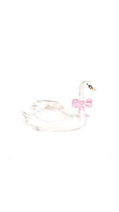 a watercolor drawing of a swan with a pink bow on its neck and tail