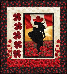 a quilted picture of a woman in a field of poppies with the canadian flag