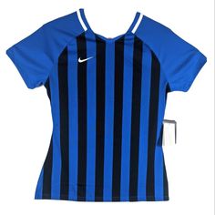 Womens Blue Soccer Referee Shirt Size M Medium Crossfit Vertical Striped Top Please See Pictures For Details And Measurements. Rrr30 If There Are Flaws, They Are Pointed Out With A Marker. This Is An Athletic Fit. Chest Is Measured Armpit To Armpit On Everything. If This Is A Tank Top, It Is The End Of The Fabric At The Armpit. Length In The Collar To The Bottom Of The Shirt Measured From The Back In The Middle. You Can Compare Measurements Of Your Own Top To See If This Would Fit Properly. Blue Fitted Sports Shirt, Sporty Blue Shirt, Sporty Blue Shirt For Sports, Nike Navy Sports Tops, Fitted Blue Nike Tops, Referee Shirts, Soccer Referee, Vertical Striped Shirt, Pretty Hurts