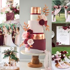 a collage of photos with wedding cake and flowers