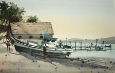 a painting of a boat on the beach