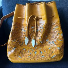 Alexis David Tooled Leather Shoulder Bag Drawstring, Adjustable Shoulder Strap Boho Color, Hand Tooled Leather, Tooled Leather, Colorful Boho, Leather Tooling, Hand Tools, Drawstring Bag, Leather Shoulder Bag, Shoulder Strap