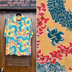 Vintage 1950's Hula Flower Lei Tropical Tiki Rayon Hawaiian Shirt. Tag Size M. Please check the measurements below.  Good vintage condition.  Discoloration around collar and small stain on sleeve. (see photos) The label is  "Hawaiian Tops".  Original 1950's.  Loop collar Hawaiian shirt with tropical lei pattern.  Original coconut buttons. All Sales Final.   Please ask any questions before purchase.   Take a look at our Store for more Vintage Clothing - VintageOnHollywood.   MEASUREMENTS  Shoulde Vintage Print Summer Camp Shirt, Summer Vintage Camp Shirt With Vintage Print, Retro Yellow Cotton Camp Shirt, Yellow Retro Cotton Camp Shirt, Vintage Print Camp Shirt For Summer, Vintage Multicolor Hawaiian Shirt For Summer, Vintage Multicolor Hawaiian Shirt, Vintage Multicolor Short Sleeve Hawaiian Shirt, Yellow Cotton Hawaiian Shirt With Floral Print