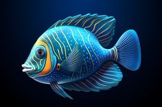 a blue and yellow fish on a black background