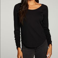 Rib Shirred Long Sleeve Scoop Neck Top From Chaser. Black. Size Small. New With Tags Attached. Casual Black Top With Scoop Back, Black Scoop Back Top For Everyday, Versatile Black Scoop Neck Top, Chic Everyday Tops With Scoop Back, Casual Scoop Neck Tops For Fall, Scoop Neck Tops For Night Out In Fall, Fall Scoop Neck Top For Night Out, Chic Stretch Tops With Scoop Back, Casual Long Sleeve Scoop Neck Top For Layering