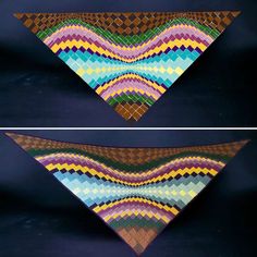 two pictures of a triangle shaped object with different colors and patterns on the side, one showing