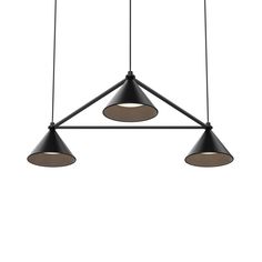 three lights hanging from the ceiling in a triangle shape with one light on each side