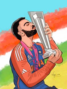 a drawing of a man with a beard holding a trophy in his right hand and looking up at the sky