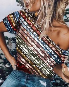 Color: Multicolor, Size: S Sparkly Crop Tops, Sequins Blouse, Looks Jeans, Mode Hippie, Sequin Blouse, Multi Color Blouse, Mode Boho, Off Shoulder Fashion, Shirt Female